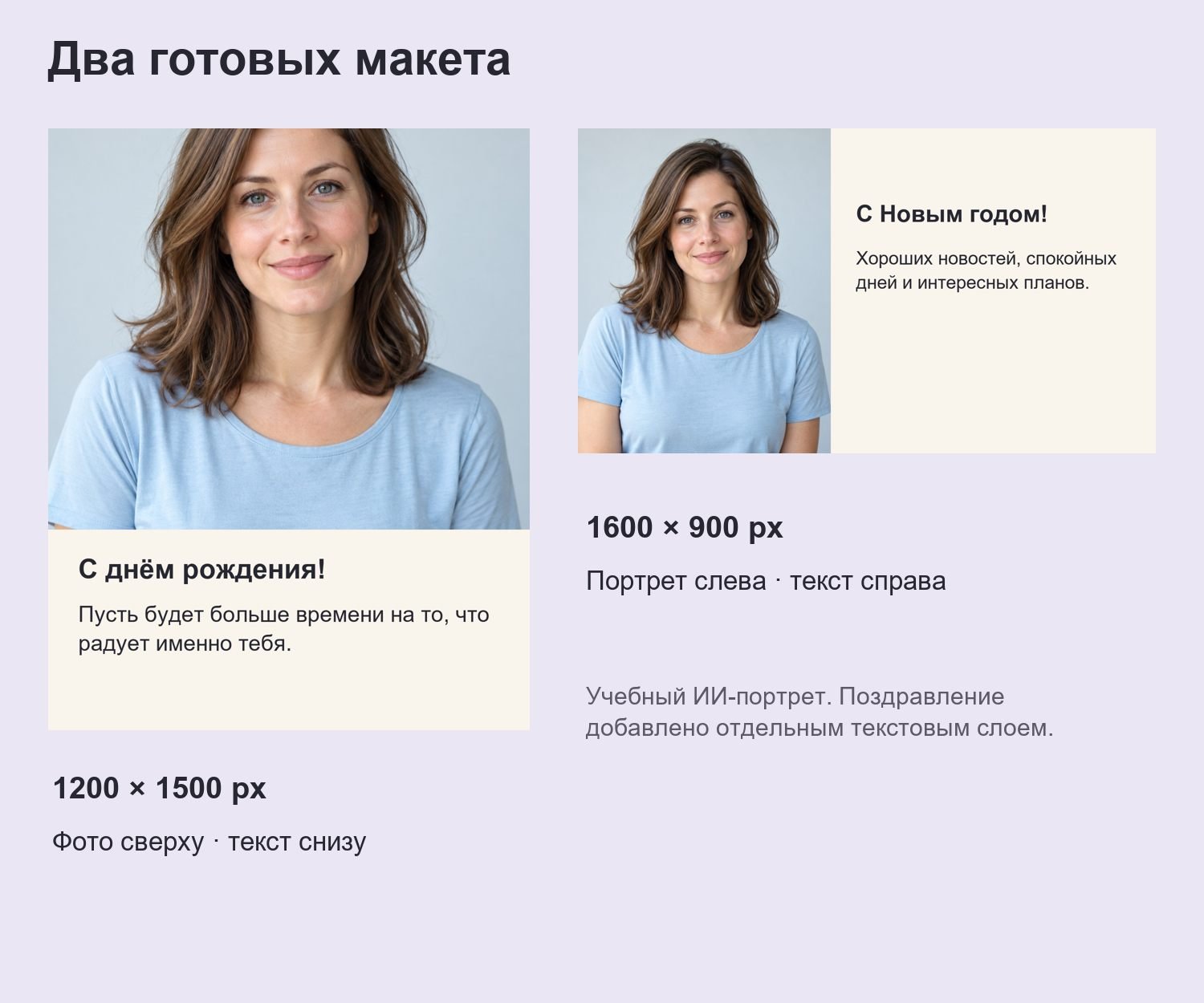 Два заполненных макета открытки: вертикальный и горизонтальный