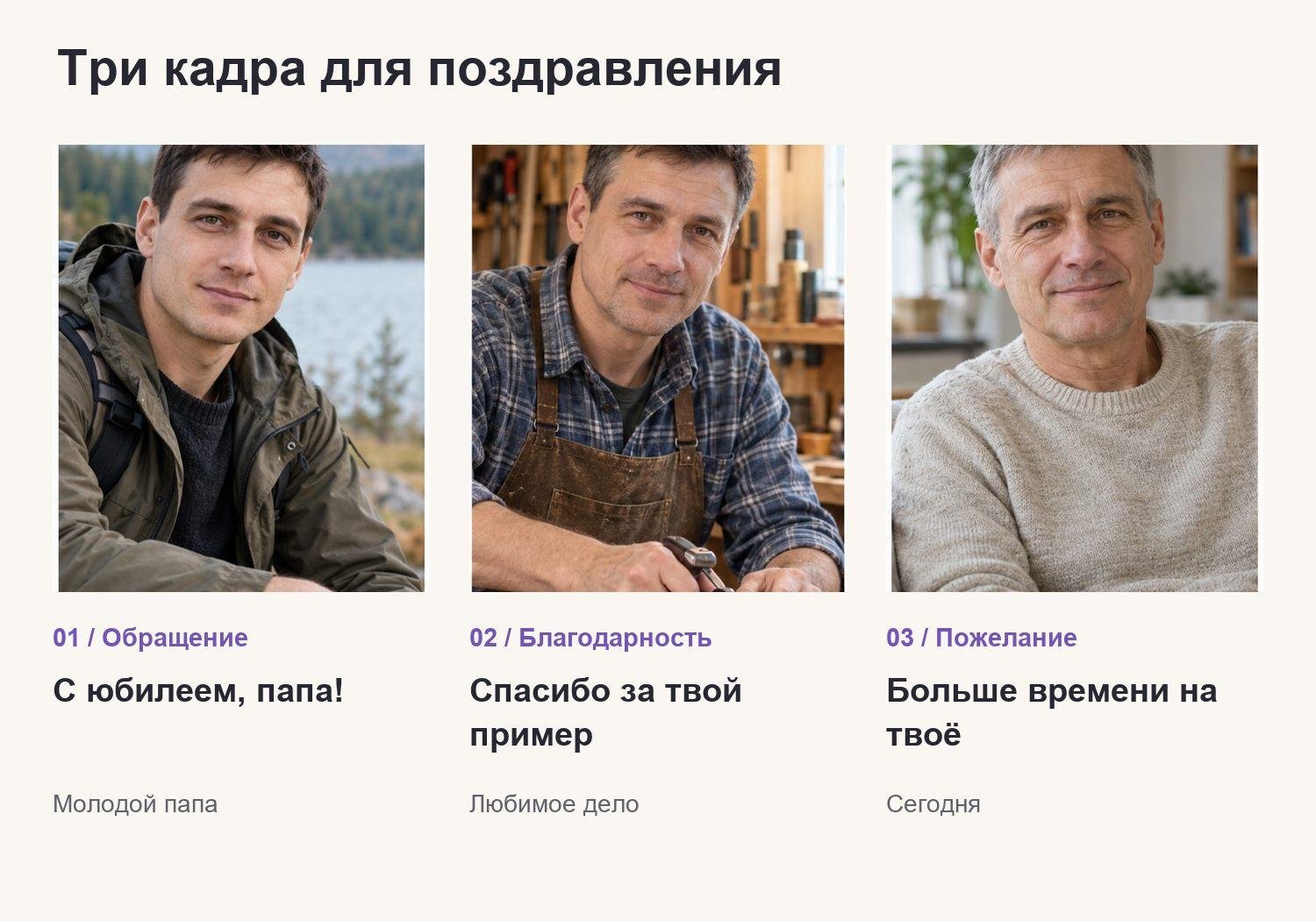 Порядок трёх кадров поздравления: обращение, благодарность и пожелание