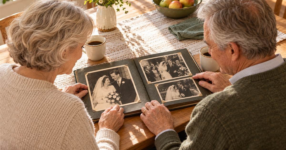 Родители рассматривают свадебную фотографию